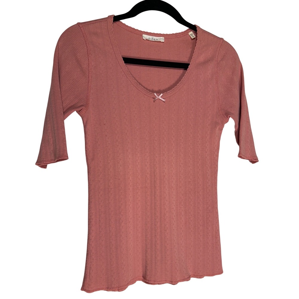 Dôen Jacqueline Tee Pointelle Knit Scoop Neck Top Pink Bow Elbow Sleeve Sz S EUC